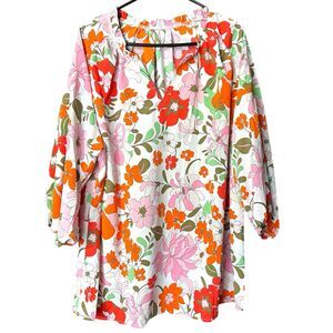 Lightweight Flowy Blouse Colorful Floral w/Ruffle Collar Sz 2X